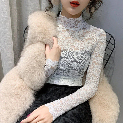 Blouse Women Transparent Lace T Shirt Stretch Turtleneck Petal Sleeve Girl Blusas Mujer De Moda Black White Apricot Shirt Tops