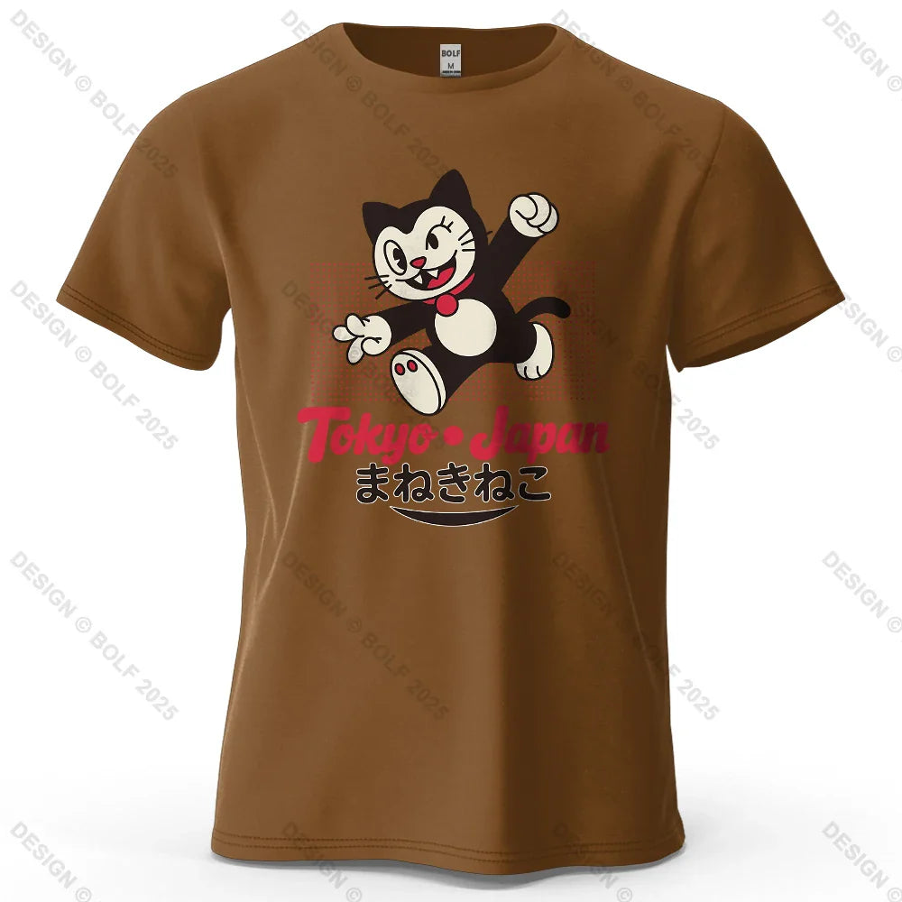 Tokyo Japan Maneki Neko Printed Men's T-Shirt 100% Cotton Oversized Cute Graphic Tees for Women Tops Tees Streetwear