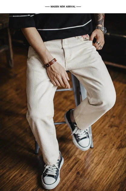 Men's Vintage Heavyweight Washed White Jeans Straight 100% Cotton CleanFit Casual Pants with Zip Fly for Spring and Autumn