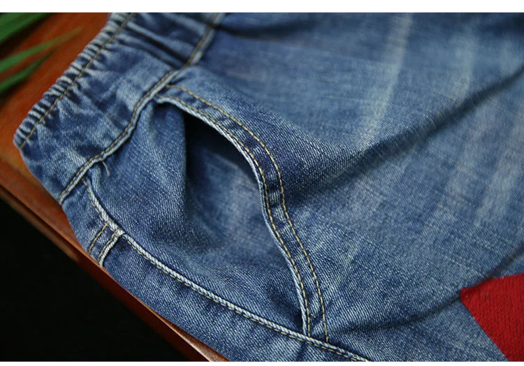 Summer Females Luxury Embroidery Jeans Womens Fashion Vintage Ripped Denim Trousers Loose Holes Elastic Harem Pants