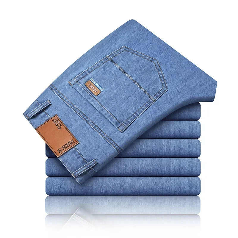 New Ice Silk Thin Denim Jeans for Men Blue Straight Stretch Cotton Denim Pant Business Casual Lightweight Trousers Spring Summer