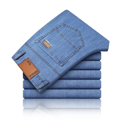 New Ice Silk Thin Denim Jeans for Men Blue Straight Stretch Cotton Denim Pant Business Casual Lightweight Trousers Spring Summer