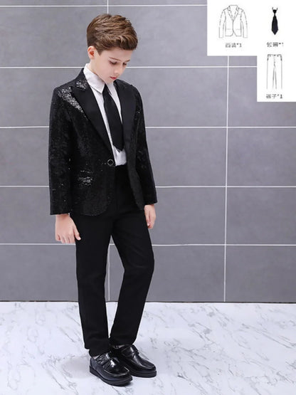 Boys Sequined Suit Set 3 Pieces Performance Wear 120-160cm Handsome Kids Slim Fit Suits Wedding Ring Bearer Outfit