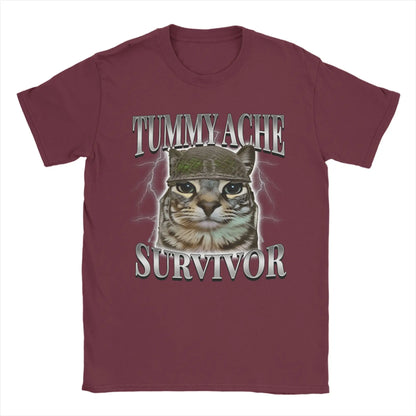 Tummy Ache Survivor Cat Meme Funny Saying Cats Animals T Shirt Summer  Pure Cotton T-Shirts For Men's Trending Casual Tee Shirt