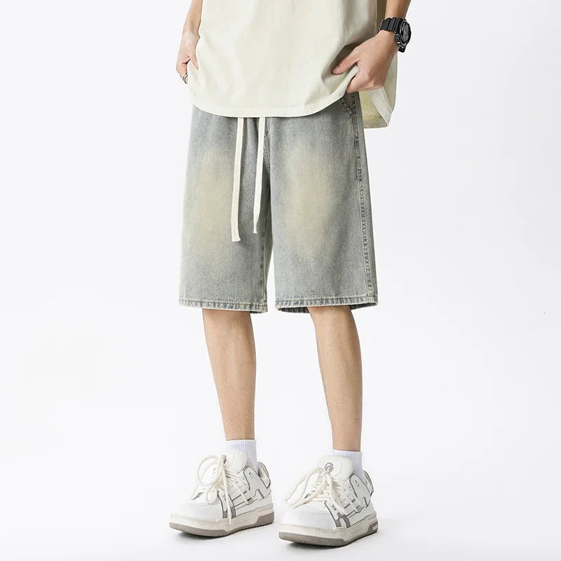 Casual Denim Shorts Men Elastic Waist Straight Comfortable Light Blue Soft Short Pants Baggy Wide Bermuda Male Jeans