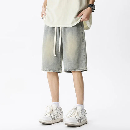Casual Denim Shorts Men Elastic Waist Straight Comfortable Light Blue Soft Short Pants Baggy Wide Bermuda Male Jeans
