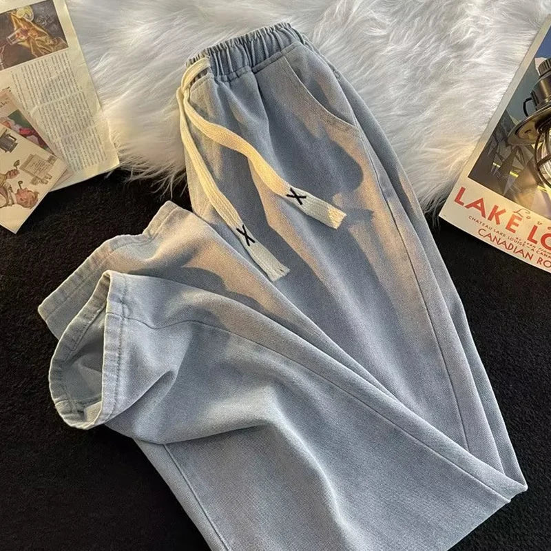 Casual Loose Straight Leg Men's Jeans Drawstring Elastic Waist Wide Leg Long Trousers High Street Fashion Denim Pants
