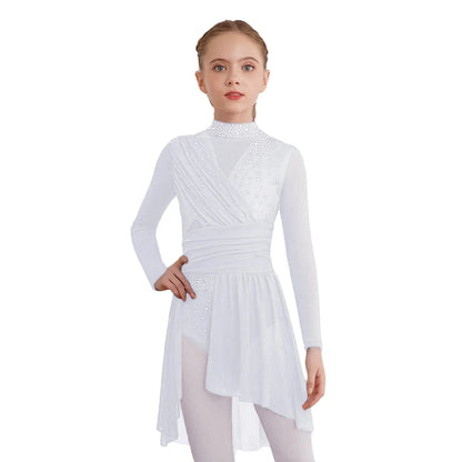 Kids Girls Gymnastics Figure Skating Ballet Lyrical Dance Costume Dress Side Split Sheer Mesh Ruched Glittery Rhinestones Dress