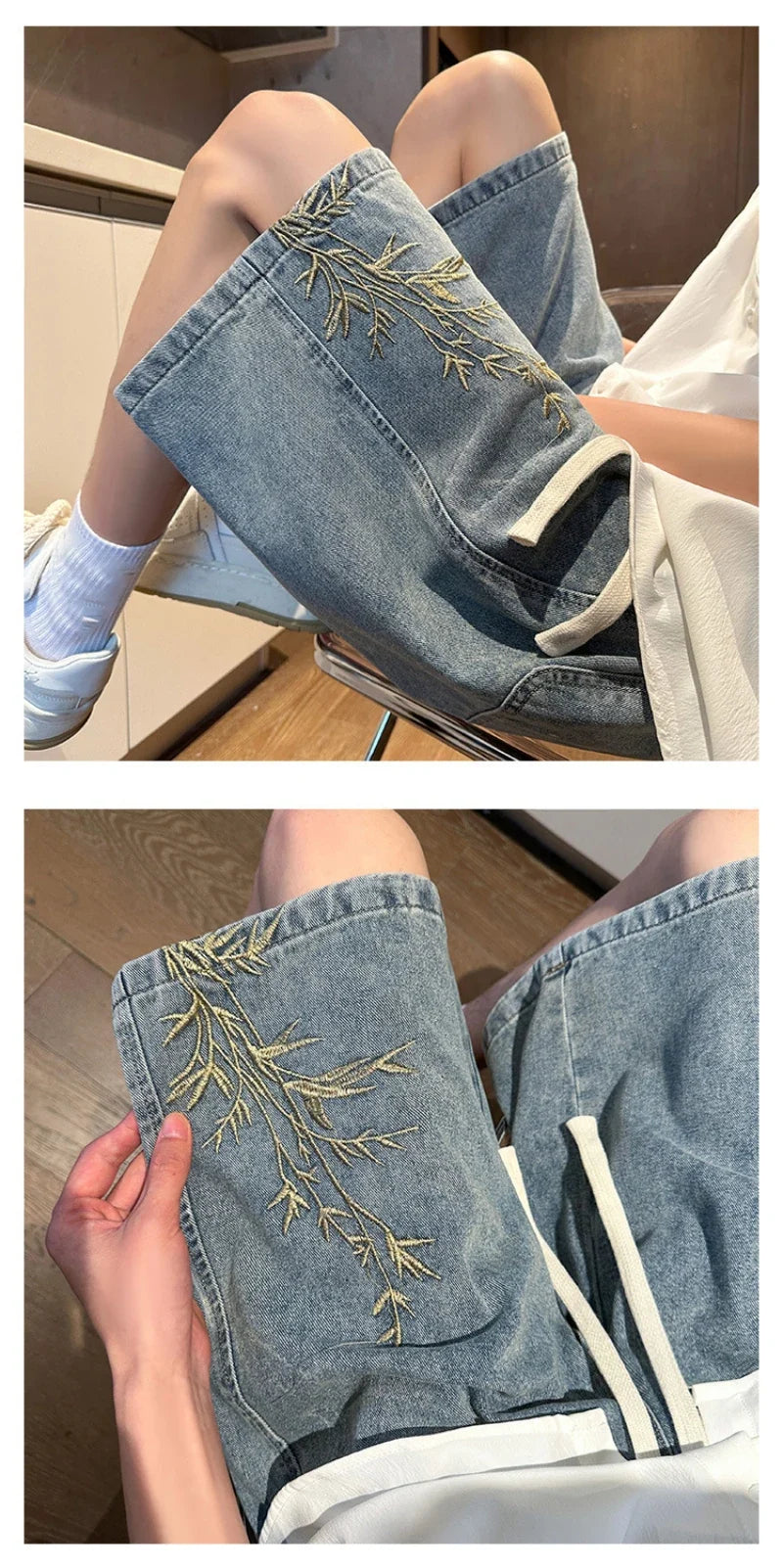 2025 Mens New Chinese Style Denim Shorts Summer Bamboo Embroidery Casual Five Inch Shorts Couple Streetwear Vintage Loose Fit Hi