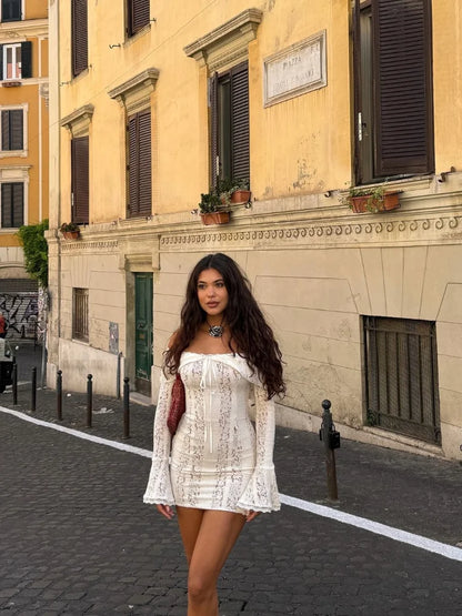 2026 New Women Sexy Lace Patchwork White Maxi Dress Flared Sleeve Off Shoulder Bodycon Gowns Lady Evening Night Party Robes
