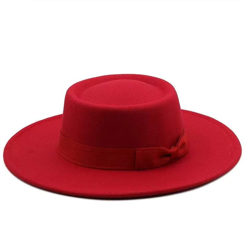 9.5cm Brim Round Top Hat Solid Color Fedoras Bow Flat Top Boater Style Panama Hats for Women Men Party Wedding Church Felt Caps