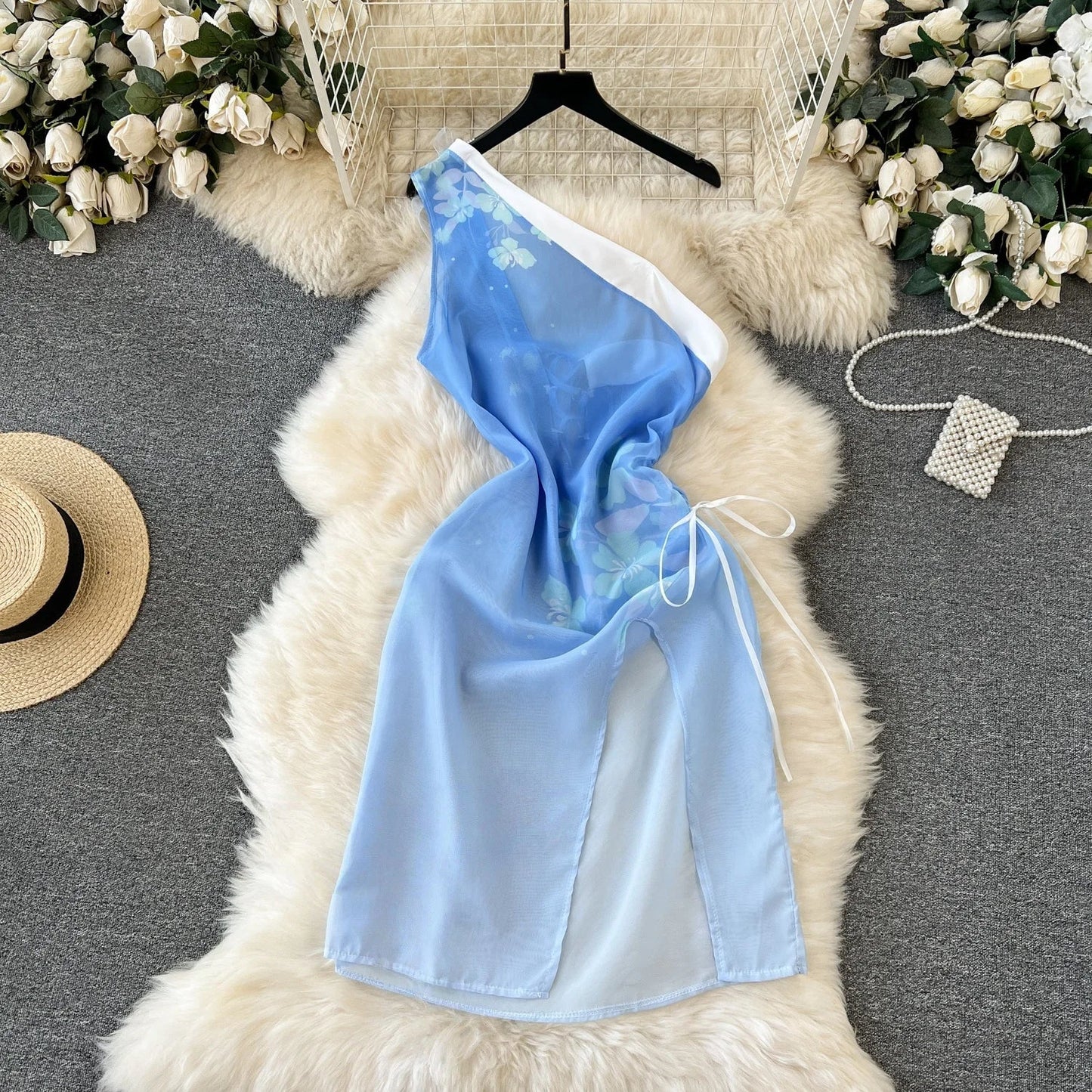 Woman Fashion Sexy Strap Dress New Sleeveless Slim Floral Print Mini Dress Comfortable Breathable Mesh Lace Mini Dress