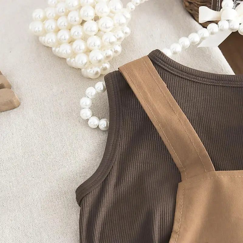 New Summer Baby Girls Clothes Suit Children Fashion Labeling Vest Top Large Pocket Overalls 2Pcs/Sets Kids Tracksuits Outfits