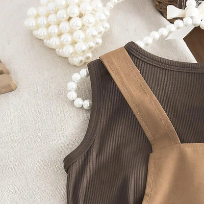 New Summer Baby Girls Clothes Suit Children Fashion Labeling Vest Top Large Pocket Overalls 2Pcs/Sets Kids Tracksuits Outfits