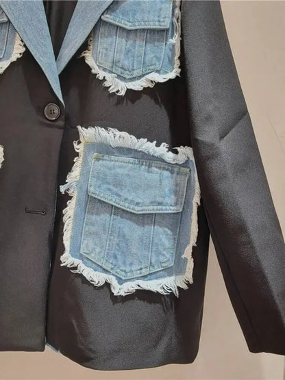Women Black Denim Pocket Burr Big Size Casual Blazer New Lapel Long Sleeve Jacket Fashion Tide Spring Autumn 2026 1DJ8813