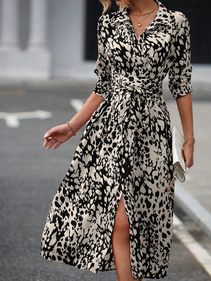 Elegant Random Print Button Down Shirt Dress Women's Long Sleeve Belted Waist Midi Dress Spring Fall Office Casual Dress