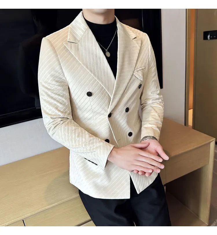 Autumn Winter New Velvet Suit Jacket Men Double-Breasted Striped Slim Fit Casual Coats High Quality Formal Business Tailcoat