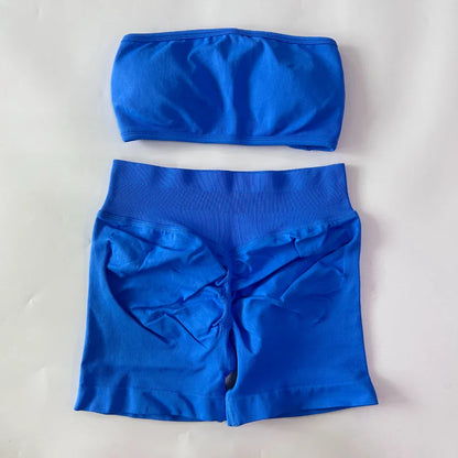 2 Pieces Yoga Set Women Backless Bandeau Sports Bra Scrunch Shorts Yoga Clothing Workout Clothes Outfits Sets Gym Set