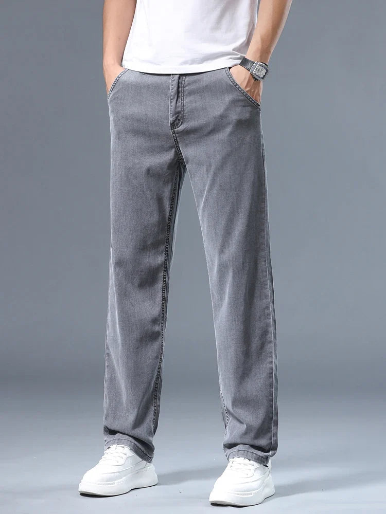 Summer Thin Men's Loose Straight Jeans Lyocell Soft Drape Business Casual Trousers Classic Smoke Gray Brand Ice Silk Pants