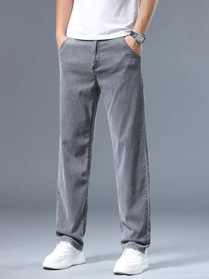 Summer Thin Men's Loose Straight Jeans Lyocell Soft Drape Business Casual Trousers Classic Smoke Gray Brand Ice Silk Pants