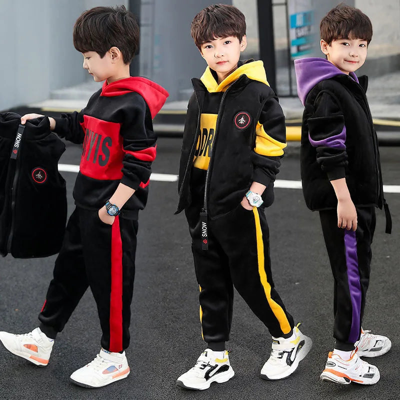 Winter Boys Warm Fleece Lined Zip Waistcoat+Sweatshirt+Sweatpant Sets School Kids 3PCS Tracksuit Children Workout Outfit 5-14Yrs