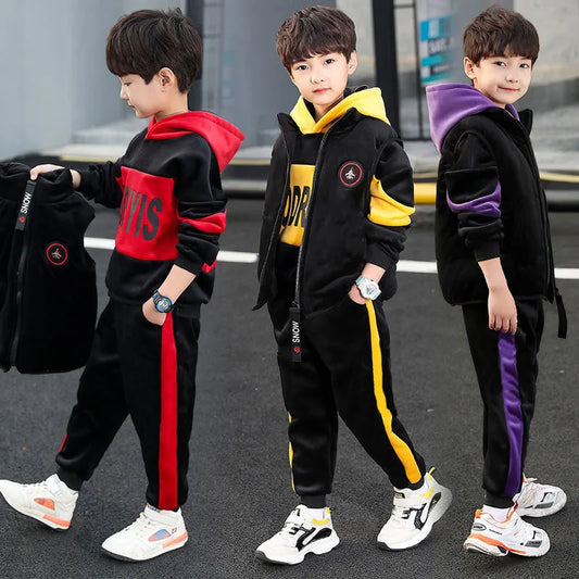 Winter Boys Warm Fleece Lined Zip Waistcoat+Sweatshirt+Sweatpant Sets School Kids 3PCS Tracksuit Children Workout Outfit 5-14Yrs
