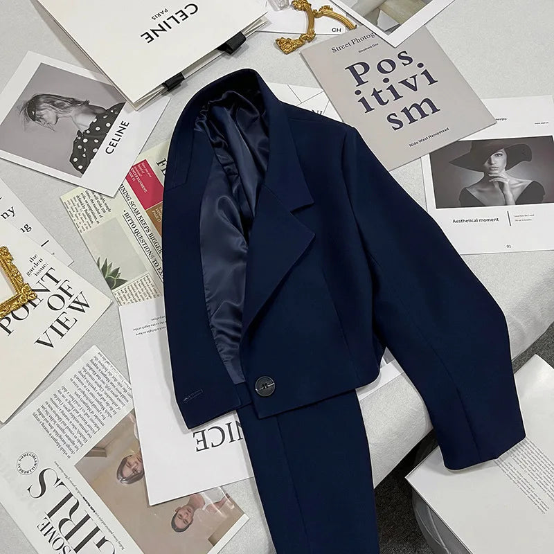 Autumn Solid Color Cropped Suit Jacket for Women Turn Down Collar Single Button Blazer Female Casual Office Lady Blazers Coat