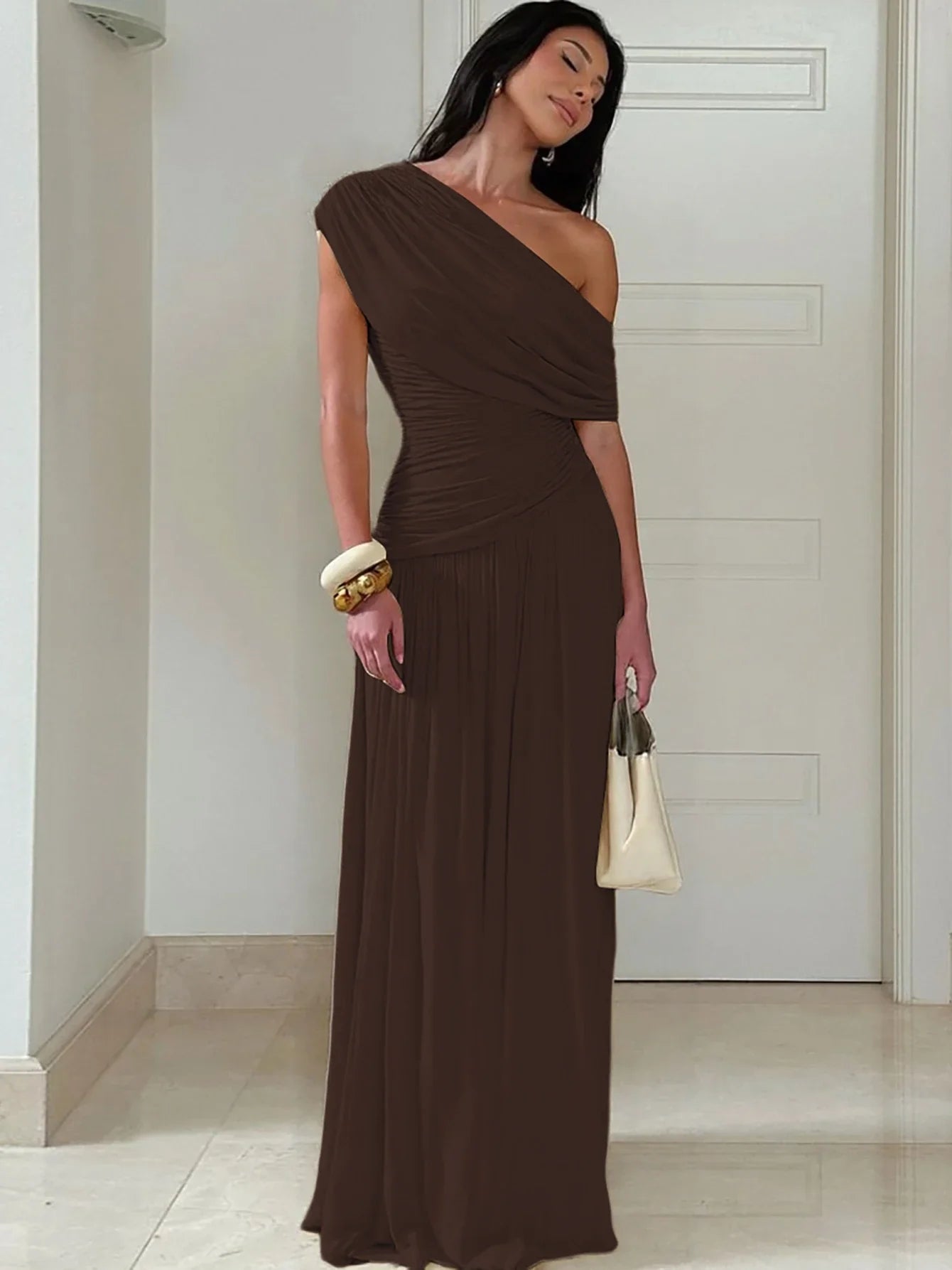 One Shoulder Ruched Sleeveless Solid Pleated Sexy Irregular Y2K Maxi Dress Summer Elegant Party Women Clothes Vacation