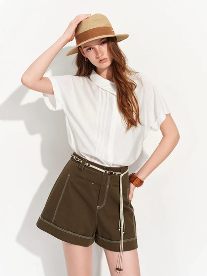 2026 Summer Women‘s Asymmetric Drop Shoulder Blouse, Notched Collar Short Sleeve Shirt for Relaxed Designer Style Top