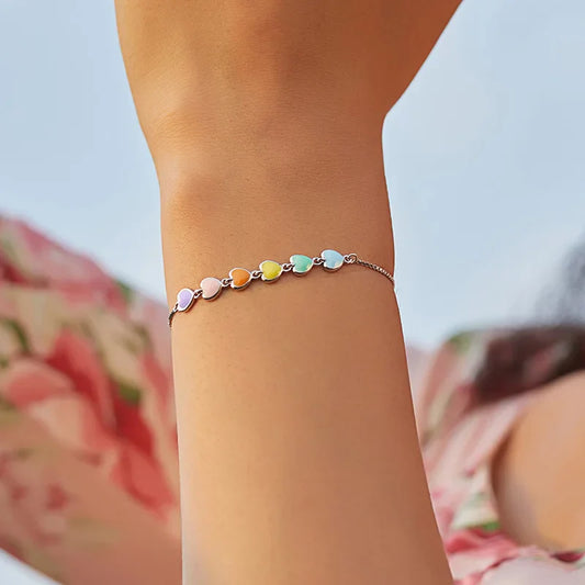 bamoer Bracelet en émail cœur couleur arc-en-ciel pour femme, Bracelet chaîne en argent sterling 925 en forme de cœur, Bijoux anti-allergiques SCB158