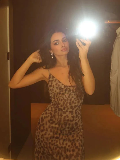 Leopard Print Dress Woman Summer Sexy Swing Collar Spaghetti Straps Backless Ruffles Party Clubwear Skinny Vestidos