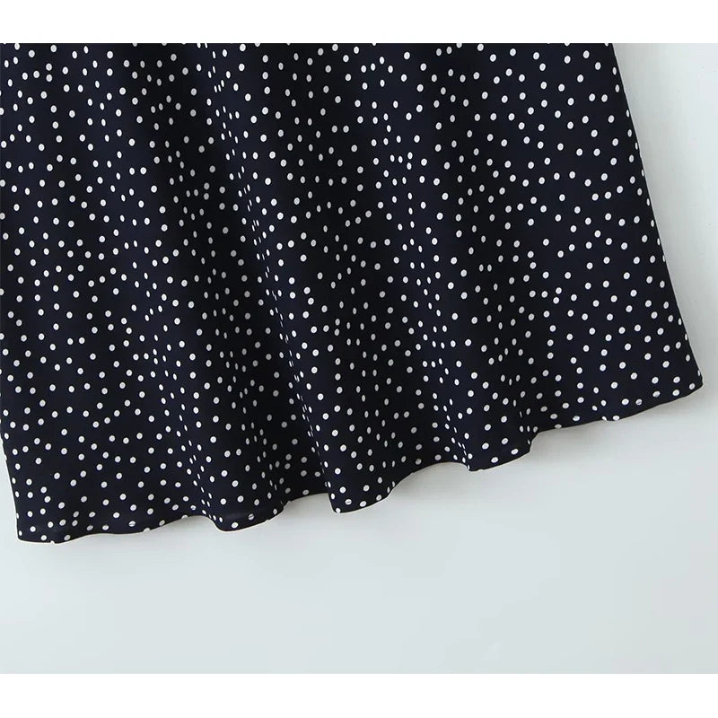 2025 Women Navy Blue Polka Dot Long Dress Lace Trim V Neck Short Sleeve A-line Elegant Holiday Dresses Summe Maxi Robe