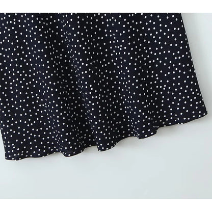 2025 Women Navy Blue Polka Dot Long Dress Lace Trim V Neck Short Sleeve A-line Elegant Holiday Dresses Summe Maxi Robe