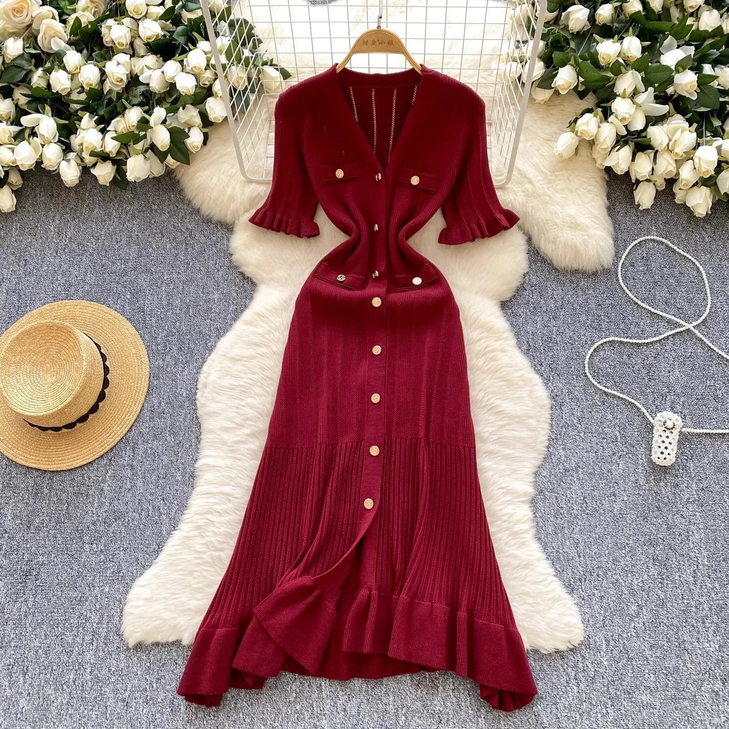 Brand Fashion Vintage Knitted Long Dress Spring Summer Women Elegant V-neck Ruffled Bodycon Sweater Dress Party Vestido