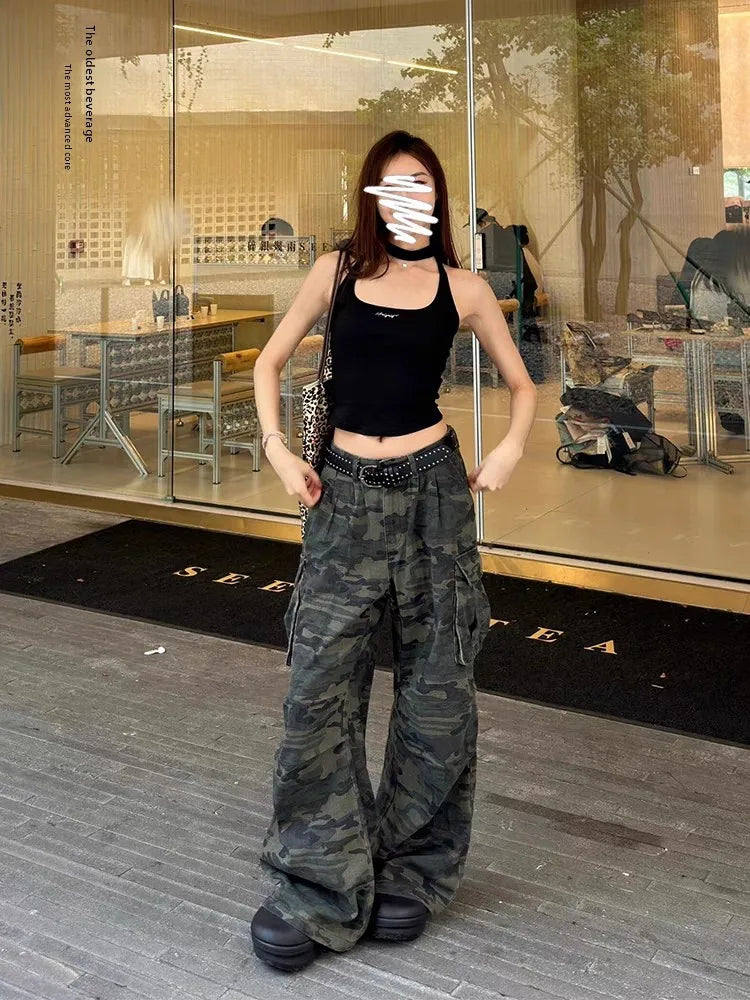 plus Size American Retro Camouflage Casual Work Pants Women's Loose Wide Leg Jeans Autumn New Sle High Waist Zipper Closure