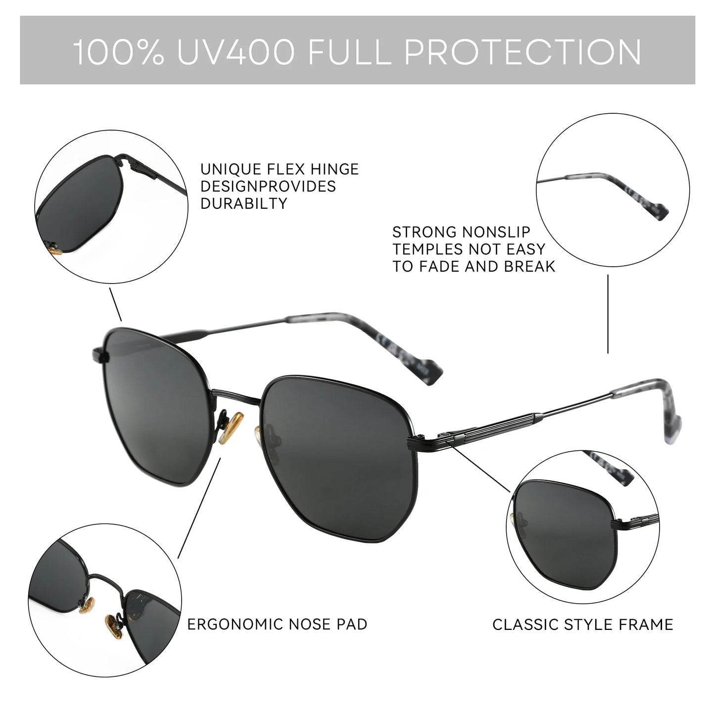 Fashion Hexagonal Geometry Polarized Sunglasses for Men and Women Polygon Metal Shade Pilot Sun Glasses ZS1203