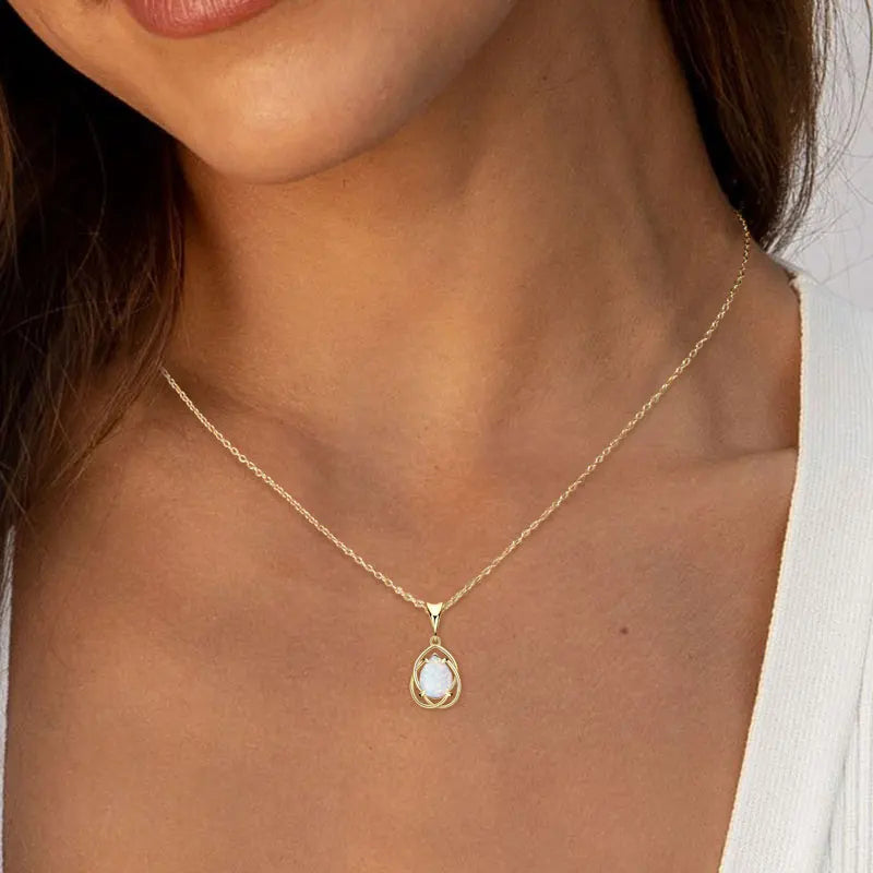 925 Sterling Silver Hollow Pendant Necklace 7*10mm Pear Shape Cut Synthetic Opal Drop Necklaces For Women Wedding Jewelry