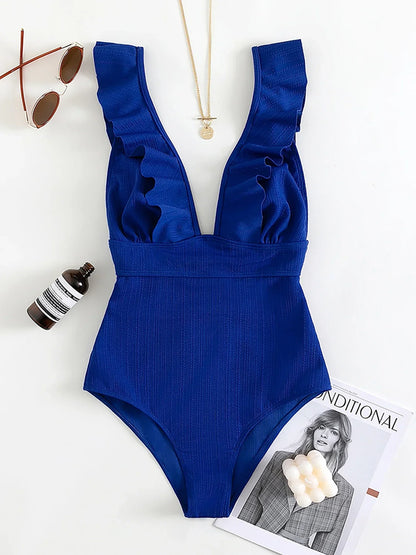 Sexy Ruffle Swimwear Women`s 2025 Deep V One Piece Swimsuit Female Bathing Suit Woman Bodysuit Swimming for Beach Wear Monokini