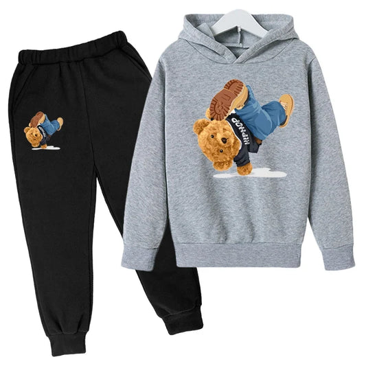 Kids Hoodie Set Cotton Top Pants 2pcs Sets Spring/Autumn Children's Clothing Street Dance Cartoon Bear Print Boys Girls Tops