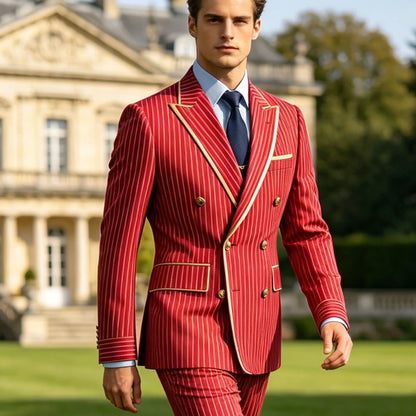 Men's Pinstripe Blazer Double Breasted Slim Fit Peaked Lapel With Gold Trim Formal Suit Jacket  For Groomsman Wedding Prom Hot
