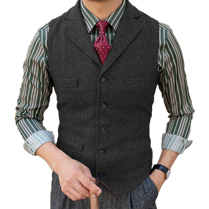 Men's  Vest Slim Fit Suits Vest Herringbone Tweed Notch Lapel Wool Business Casual Waistcoat Grossmen For Wedding