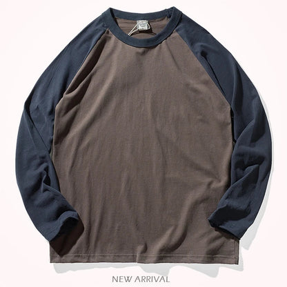 Autumn New American Retro Long Sleeve O-neck Contrast Splicing T-shirt Men's Fashion 100% Cotton Washed Old Casual Sport Tops