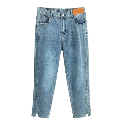 Women's Split Leg Opening Drainpipe Jeans, Casual Ankle Length Denim Pants, Straight Leg, Plus Size, Spring, Autumn, 100kg, 1649