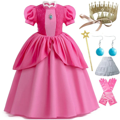 Princess Peach Chiffon Lace Girls Cosplay Dress Baby Kids Vestidos Party Dresses Carnival Halloween Costume for 3-11 years