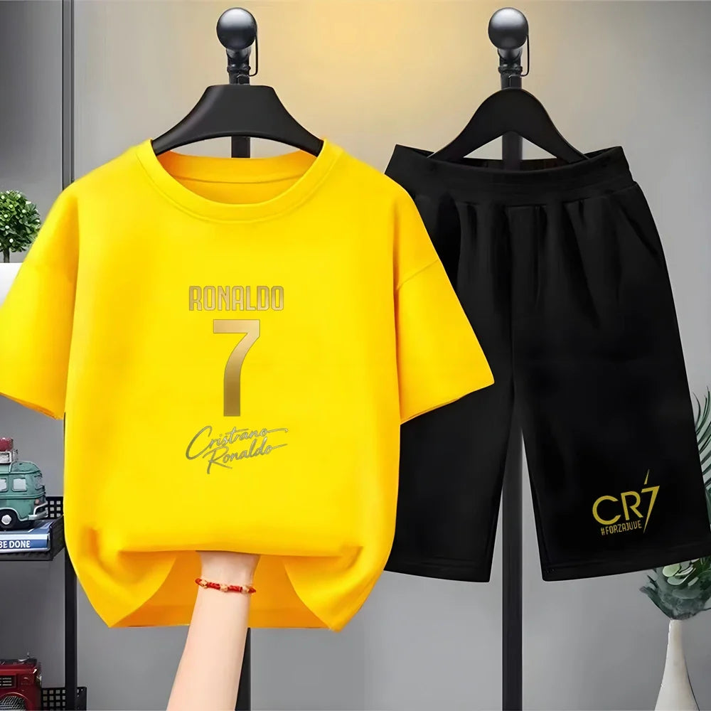 Children Short-sleeved T-shirt+Shorts Black Boys Girls Toddler 3-12Yrs Sports Set Football Player No. 7 Summer Cool Clothing
