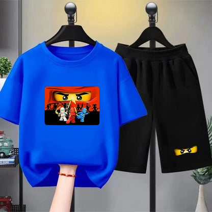 Summer T-Shirt Boyand Girls red Casual TShirt+Shorts Sets ninja Printed Kids Outfits Teen Children's Short Sleeve Tops