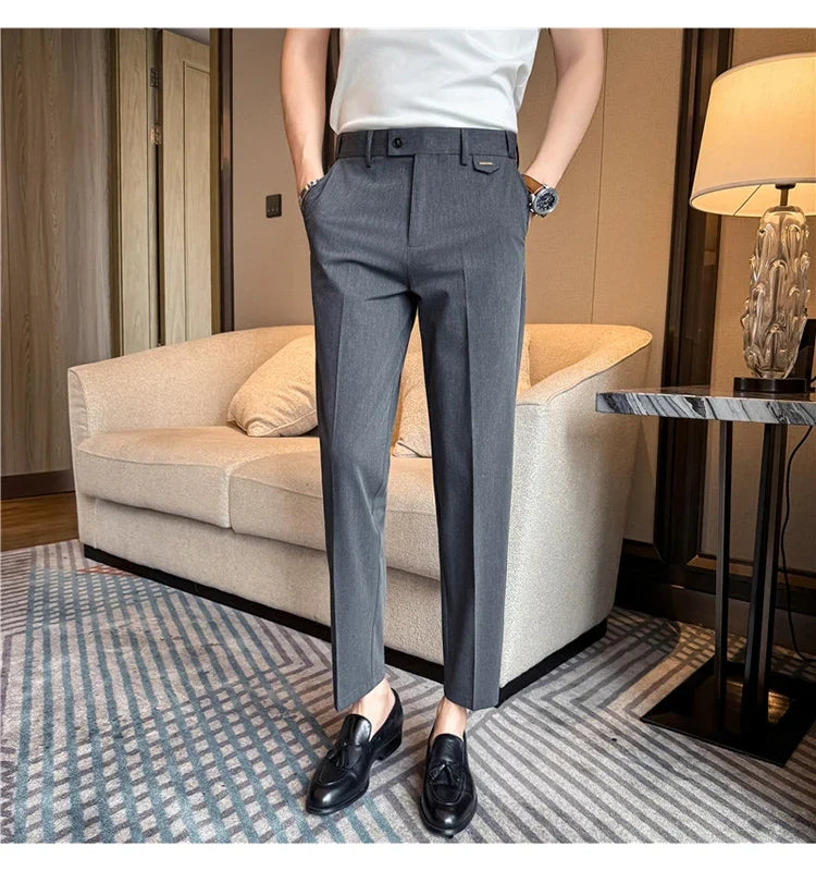 High Quality Modal Acetate Elastic Waist Casual Pants 2026 Spring Summer New Men's Solid Color Slim Fit Business Suit Pants