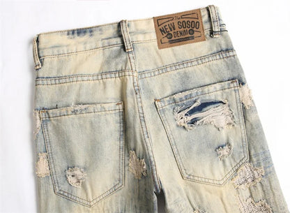 Summer Worn and Scratched Jeans Men's Small Feet Perforated Pockets Ragged Edges Long Pants Slim Fit Printing High Street Tide 2