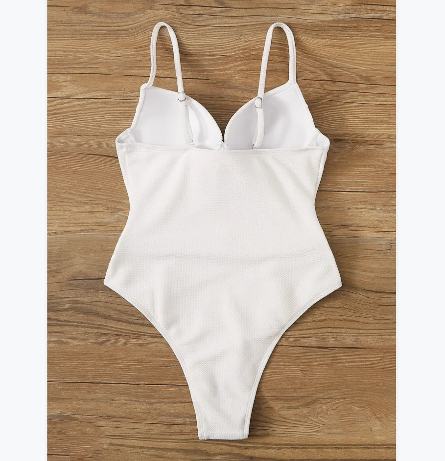 Sexy Push Up Underwire Swimwear Women Solid White Black Padded Buckle One Piece Swimsuit Beach Bathing Suit Bodysuit Monokini