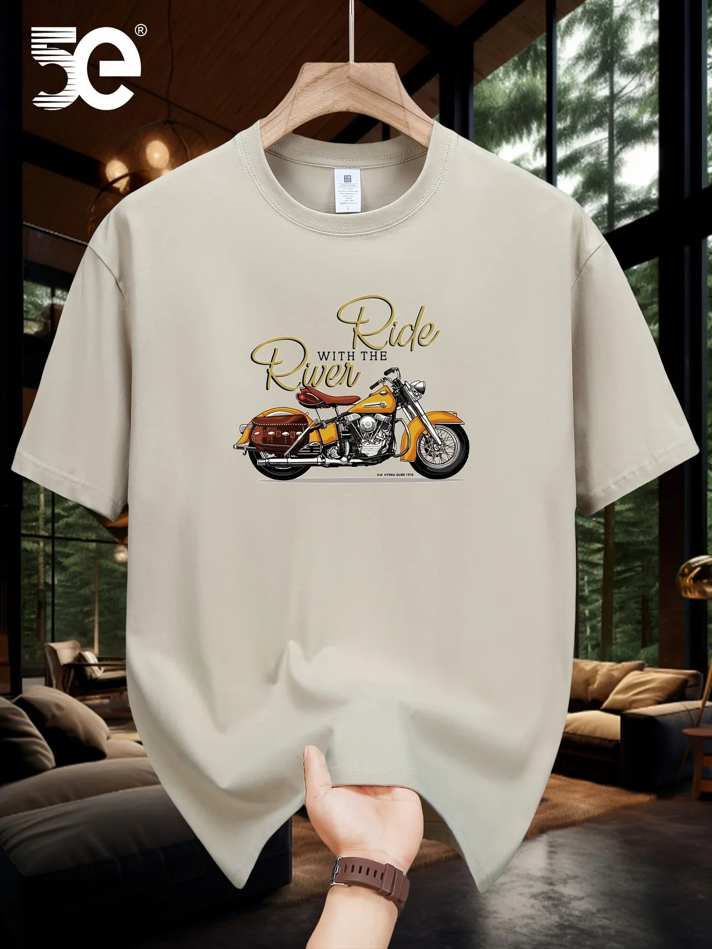 Summer men's 100% pure cotton casual loose oversized classic motorcycle creative printed round neck short sleeved T-shirt top